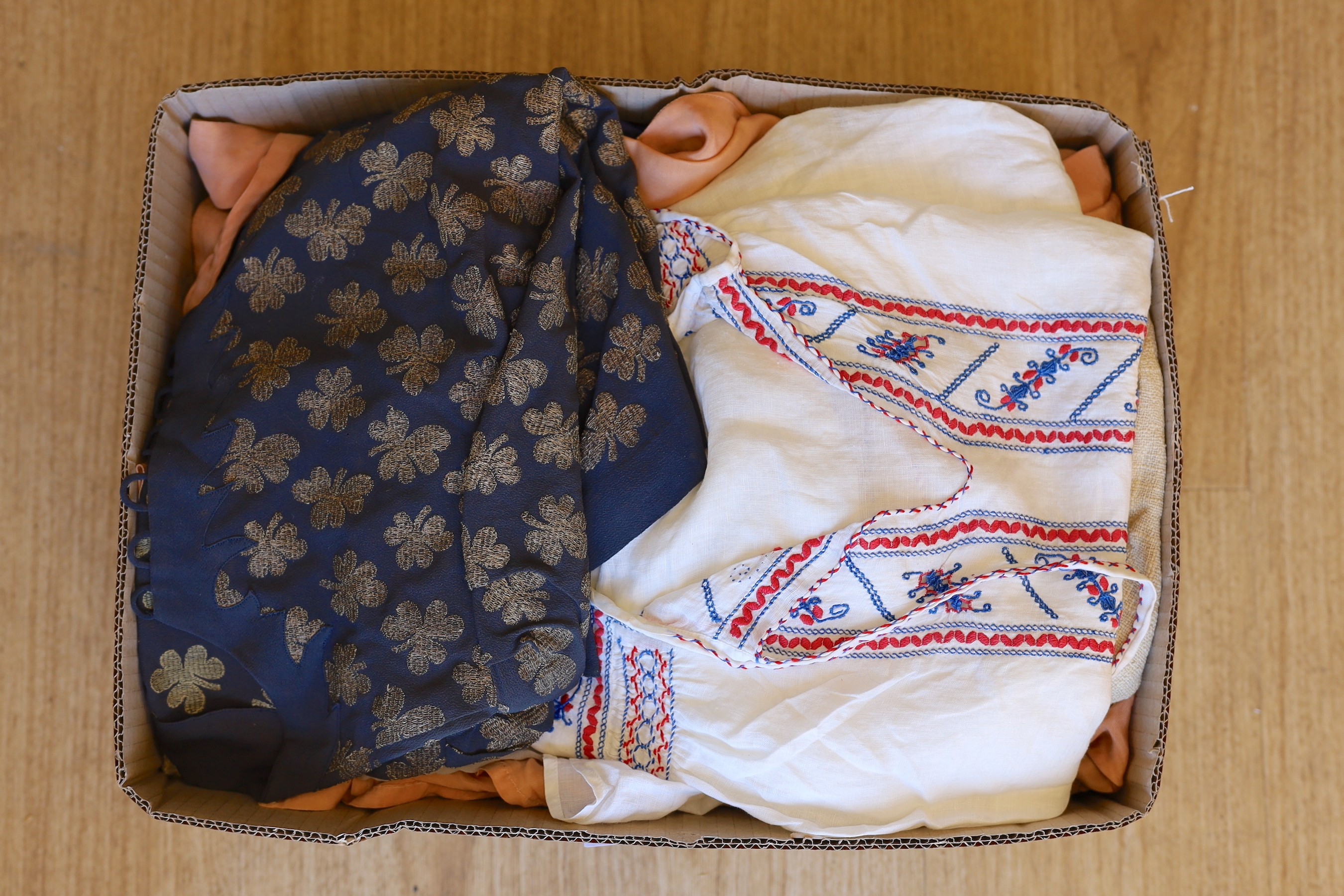 A 1930's embroidered fine linen blouse, a taffeta dress, a 1940's crepe and gold thread evening blouse etc.